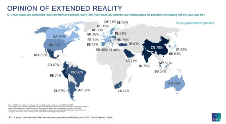carte pourcentage des pays familiers avec la réalité augmentée, évolution du marché de la réalité augmentée
