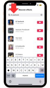 Screenshot of the tiktok app, arrow pointing to the research bar, typing text "AI Yearbook"