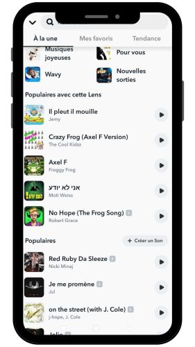 screenshot musica popolare per il filtro Snapchat su Spotlight